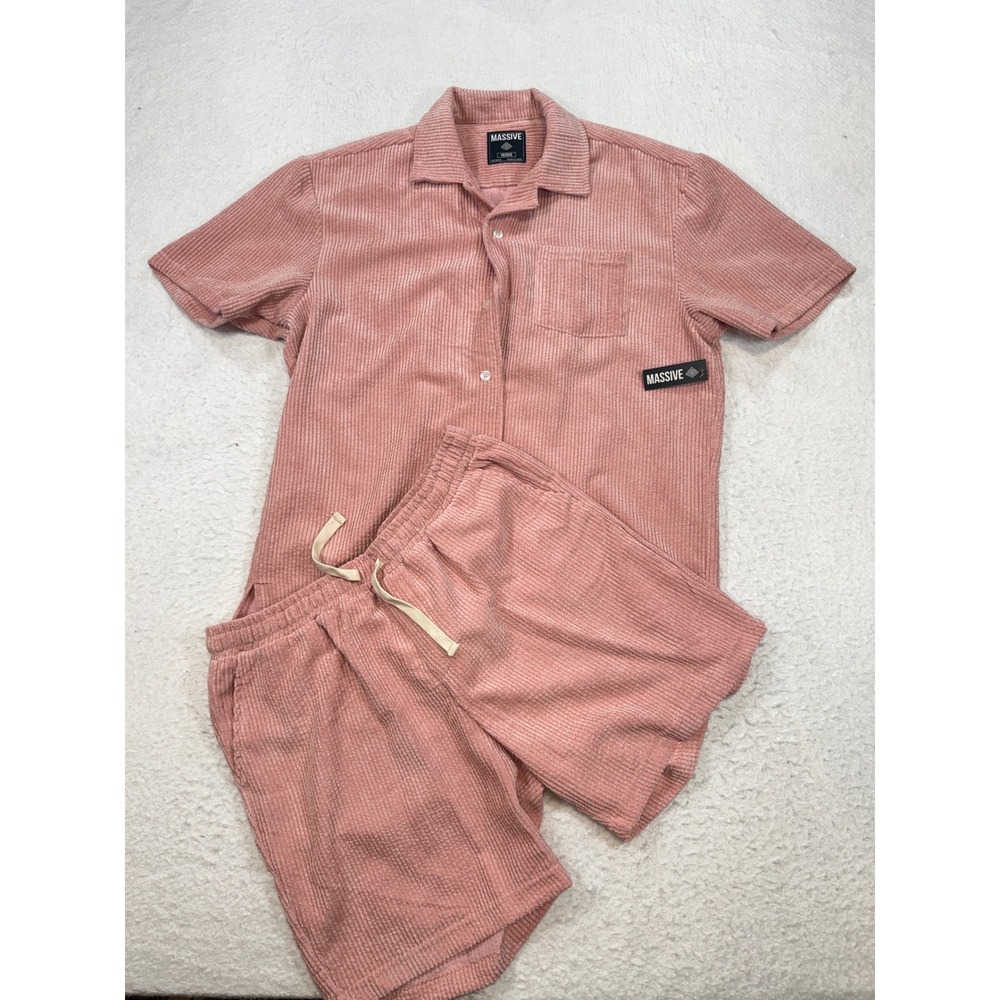 Massive Mens Corduroy 2 Piece Set Pink Button Down Shirt and Shorts Medium